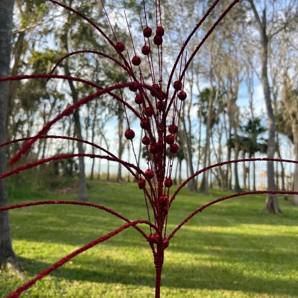 Large Red Glitter Millet Grass Ball Spray Christmas Stem Pick Wreath Accent